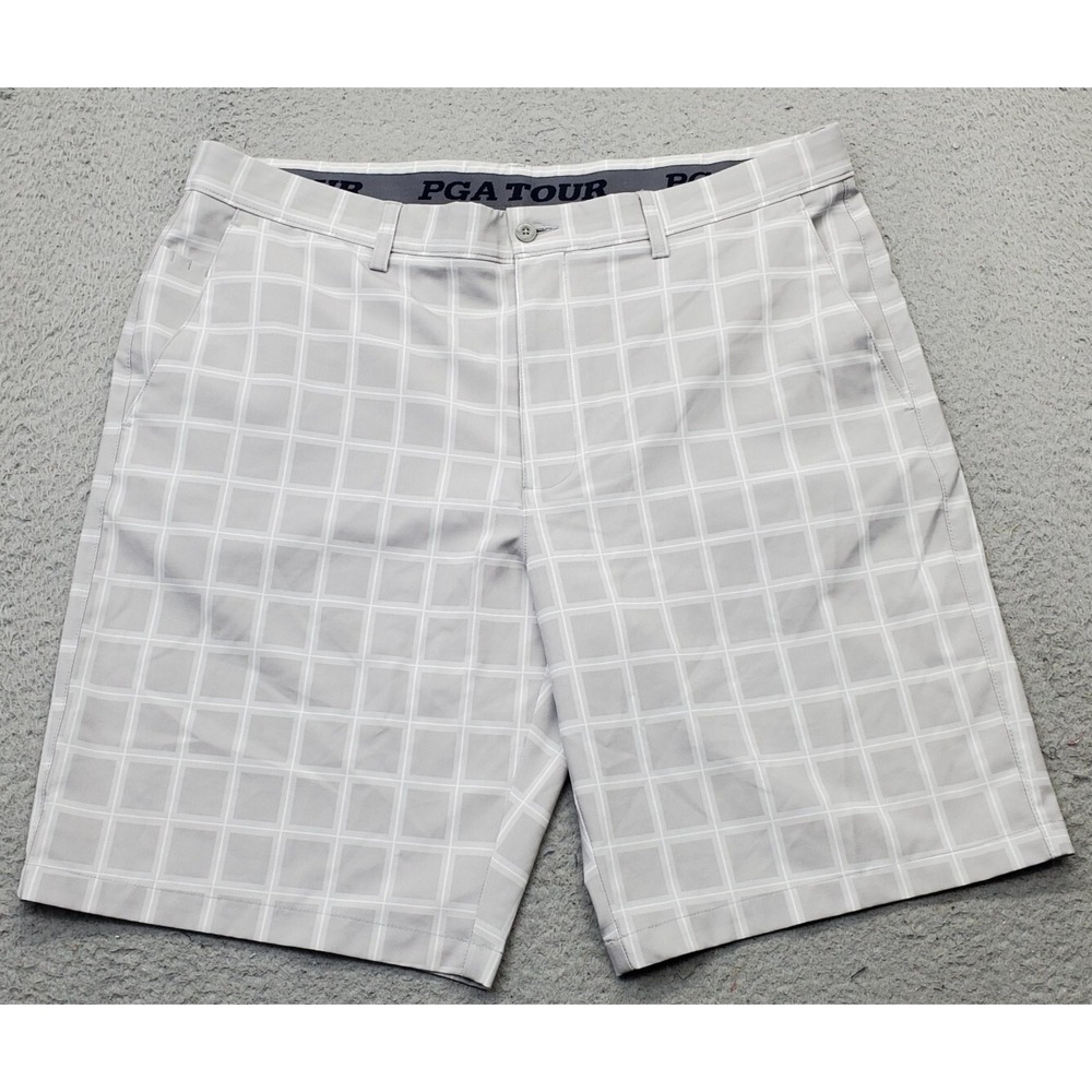 PGA TOUR Chino Shorts Men's 38 Multi Plaid Golf Performance Flat Front Zip Fly